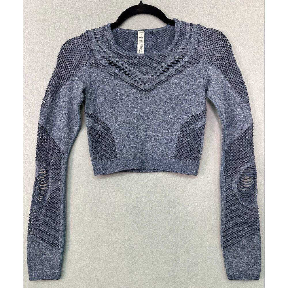 Alo Yoga Siren Long Sleeve Crop Top Heathered Blue Mesh Cutout Seamless Size S - Picture 2 of 7